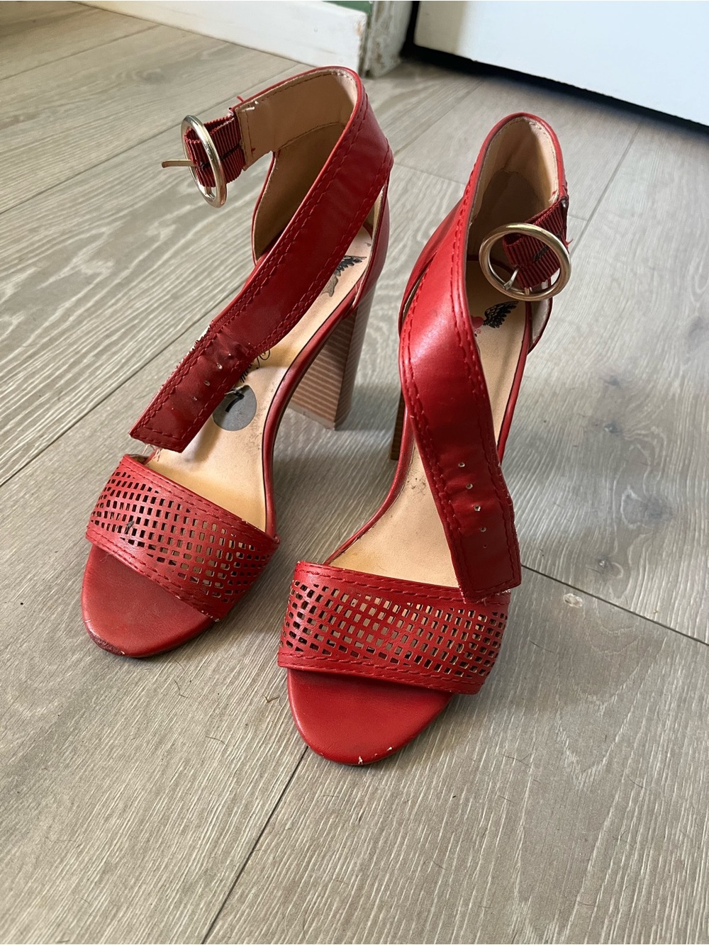 Penny Loves Kenny Red Ankle-Strap Block Heel Sandals